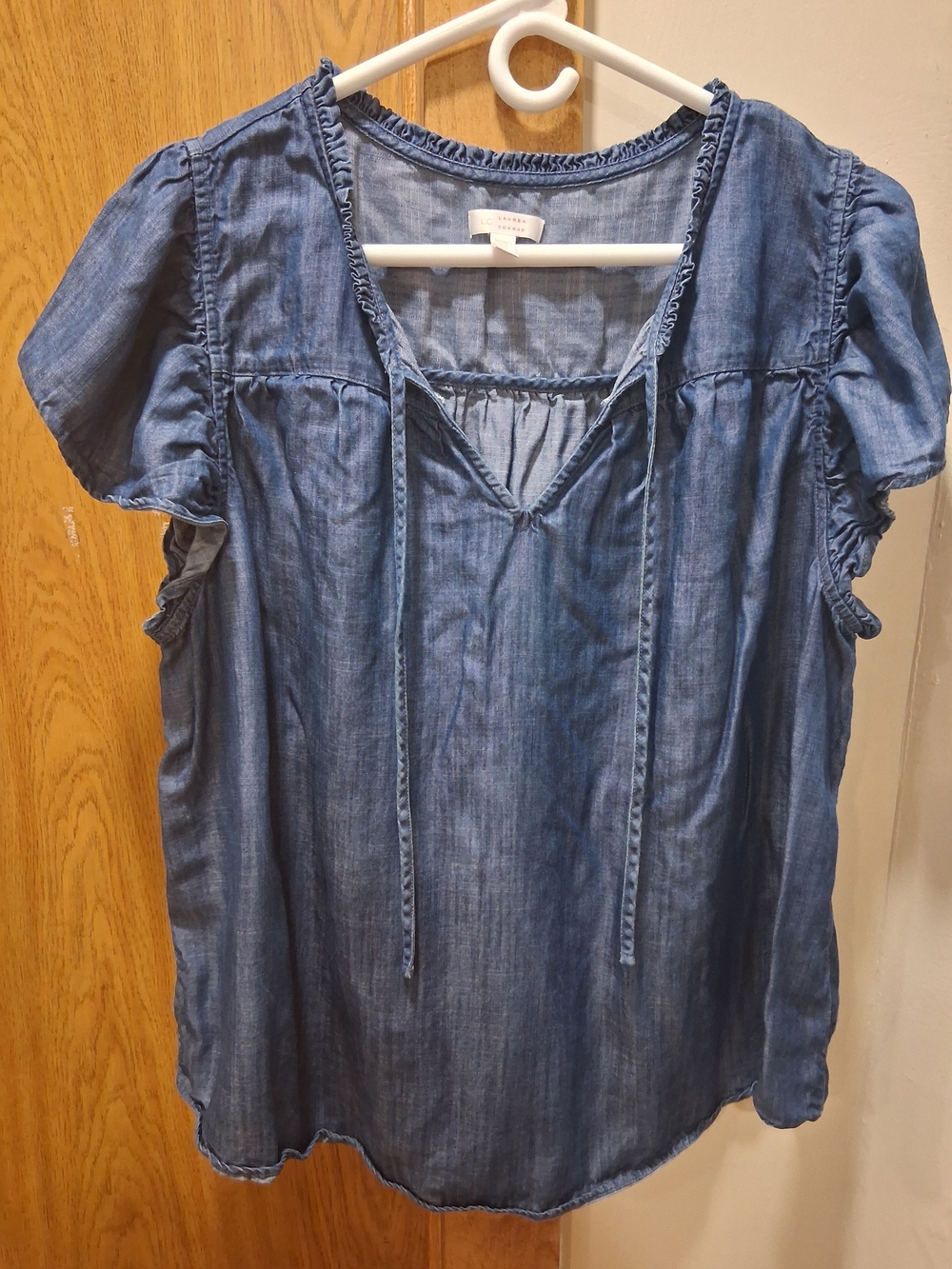 LC Lauren Conrad Denim Tie-Front Flutter Sleeve Blouse - Light Blue